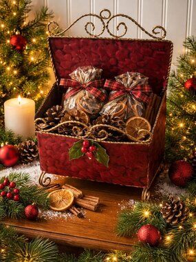 Festive Vintage-Style Metal Christmas Holiday Bin/Basket